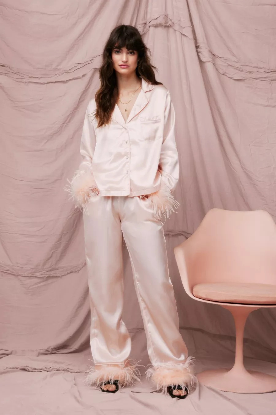 Satin Feather Pyjama Shirt and Trousers Set | Nasty Gal US
