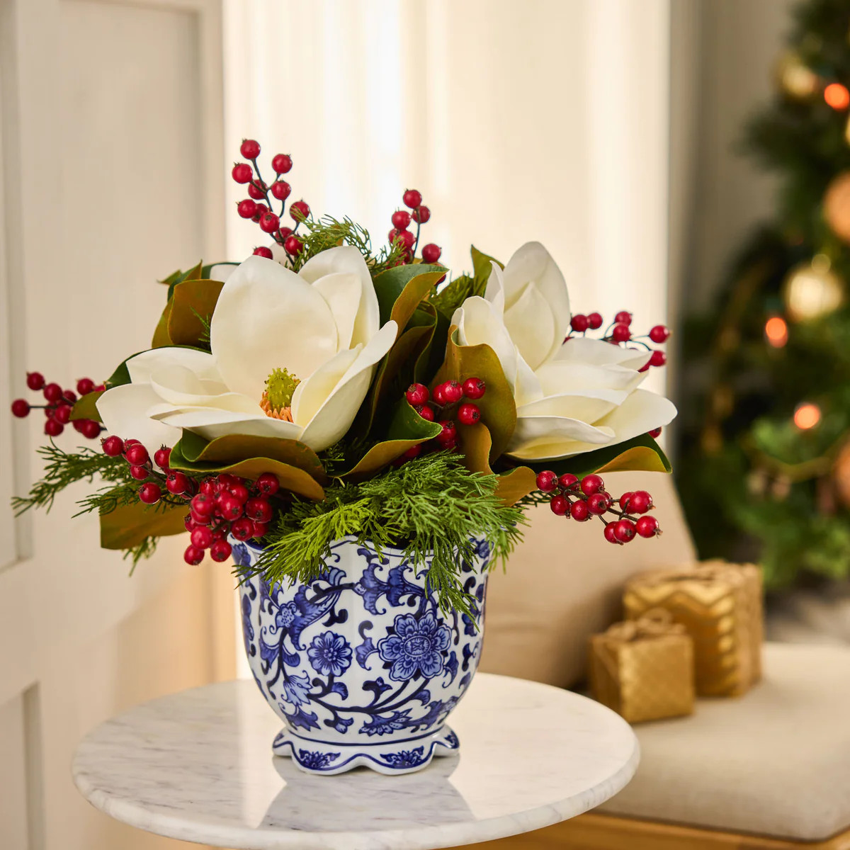Holiday Chic - Real Touch White Magnolia Blooms, Cedar Greenery & Red Currant Berry in Blue & Whi... | Darby Creek Trading