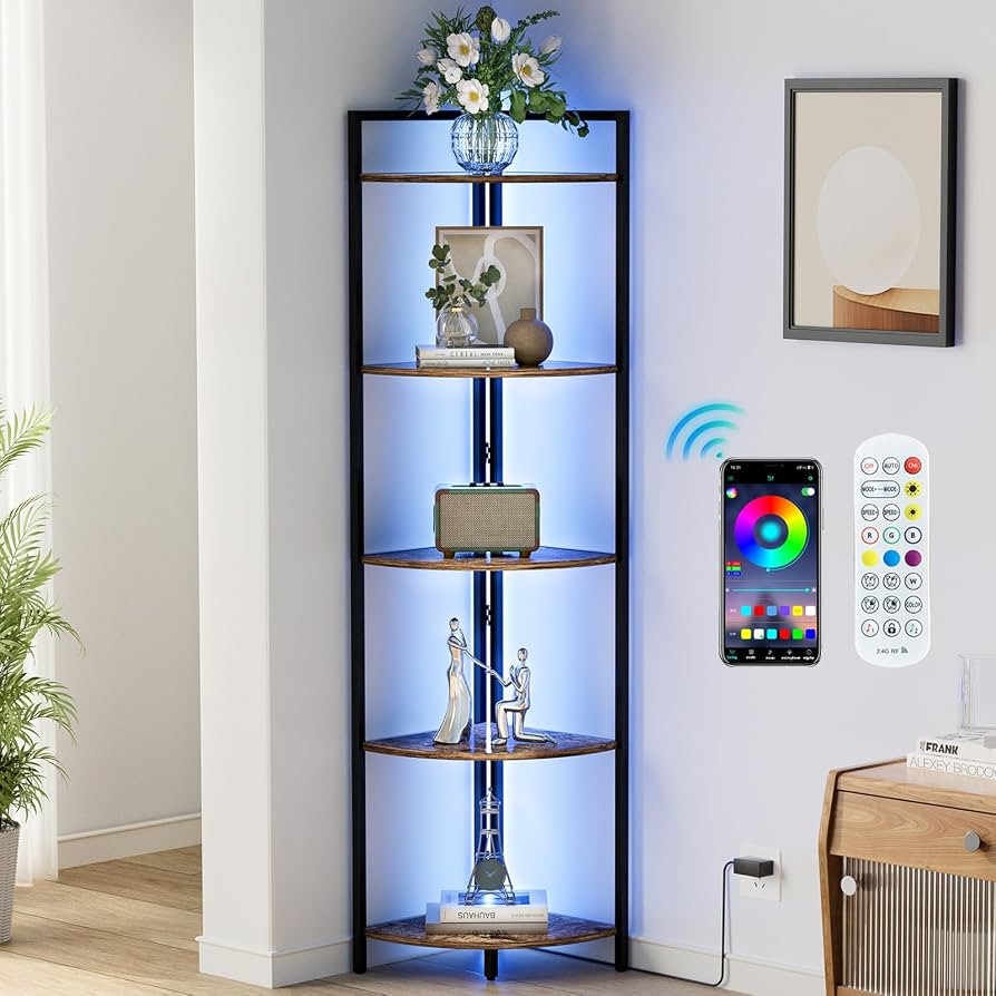 Rustic Tall Corner Shelf with Led Light, 5 Tier Modern Corner Bookshelf for Living Room, Dark Woo... | Amazon (US)