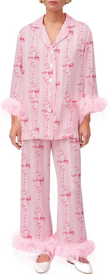 Women Feather Trim Holiday Pajamas Cute Bow Heart Satin Pjs Silk Long Sleeve Button Pajama Shirt ... | Amazon (US)