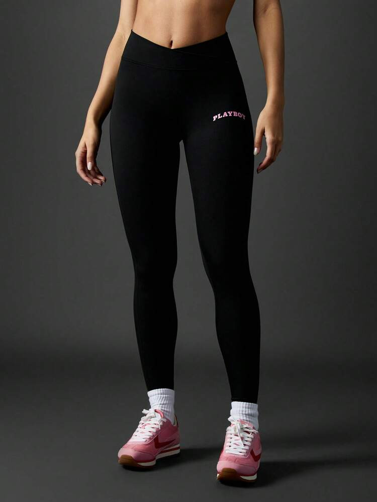 Missguided X Playboy Performance High Rise Compression Workout Leggings Moisture Wicking Athletic Yoga Running Tights With Logo Print Training Exercise Fitness Pants | SHEIN