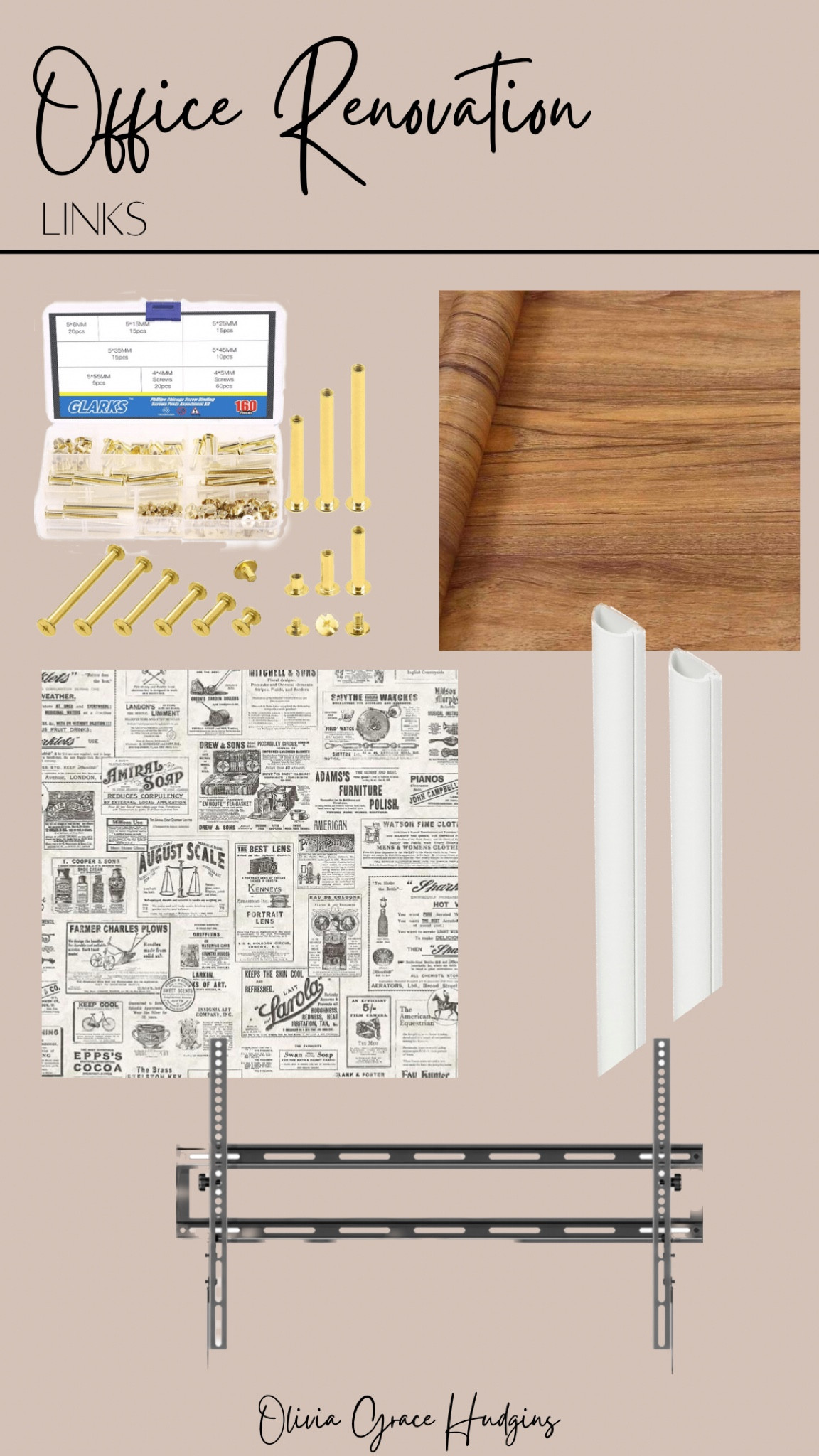 Supplies used for the office
Gold Chicago screws , wood grain wallpaper , newspaper wallpaper , cord hider , tv wall mount , grommet kit

#LTKmens #LTKhome #LTKunder50