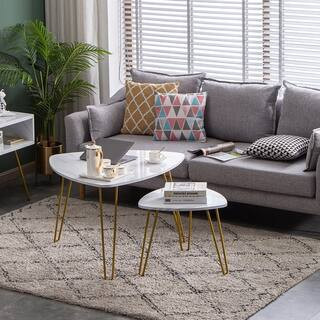 Modern Triangle Nesting Coffee Accent Table Living Room Set Of 2 White Marble Gold | Bed Bath & Beyond