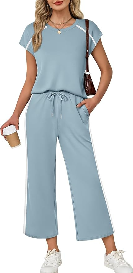 XIEERDUO 2 Piece Sets for Women Crew Neck Travel Airport Outfits Summer Fashion Clothing Cap Slee... | Amazon (US)