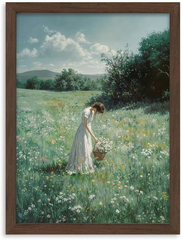 Framed Canvas Wall Art of Girl Picking Flowers in Meadow – Cottagecore Vintage-Style Landscape ... | Amazon (US)