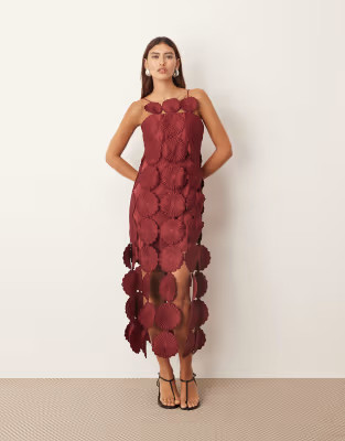 ARRANGE cutwork floral midi dress with fringe hem in burgundy | ASOS | ASOS (Global)