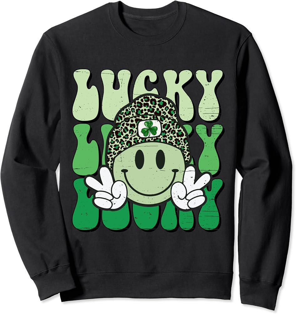 Funny St Patricks Day Lucky Shamrock Smile Face Retro Trendy Sweatshirt | Amazon (US)