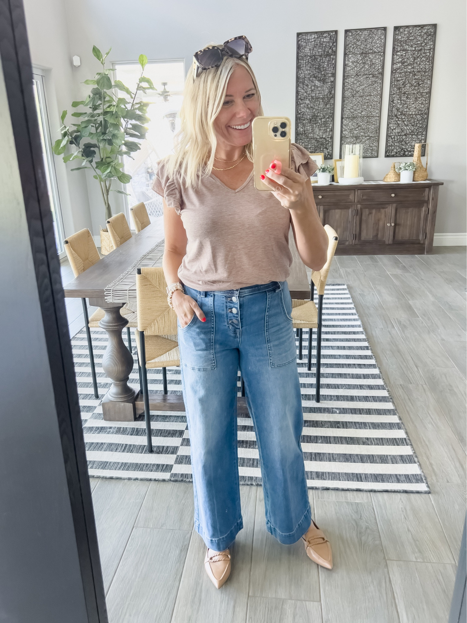 Love these wide leg jeans with a beige ruffle top, pointed toe loafers and sunglasses. 26 jeans and small top. Size 8 shoes which run tts. Casual outfit ideas jeans trouser 


#LTKSeasonal #LTKstyletip #LTKshoecrush
