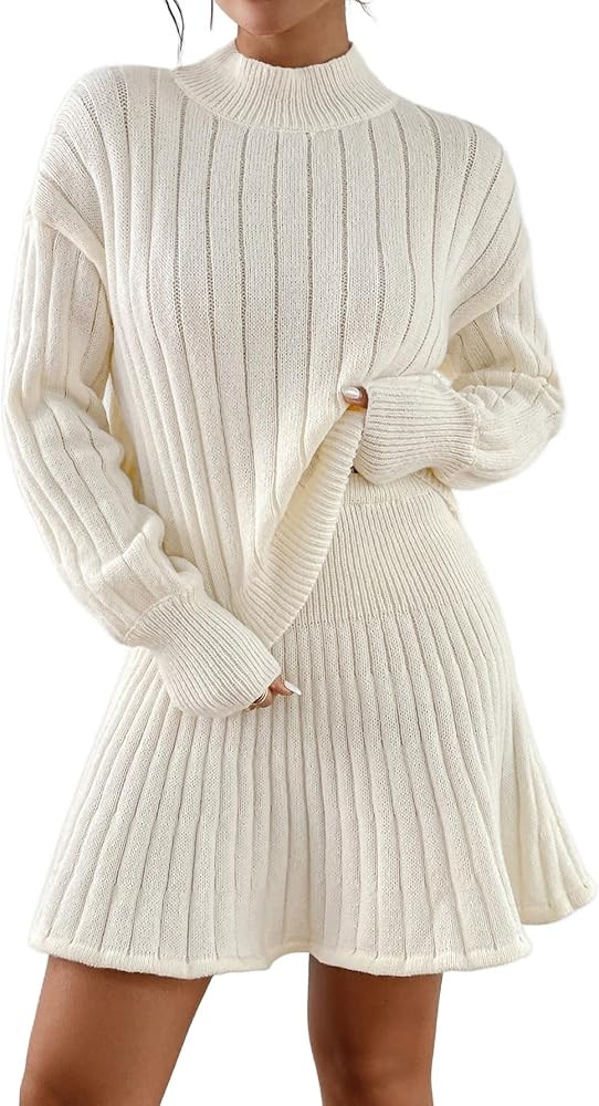 MakeMeChic Women's 2 Piece Outfits Ribbed Knit Long Sleeve Mock Neck Sweater Pullovers A Line Min... | Amazon (US)