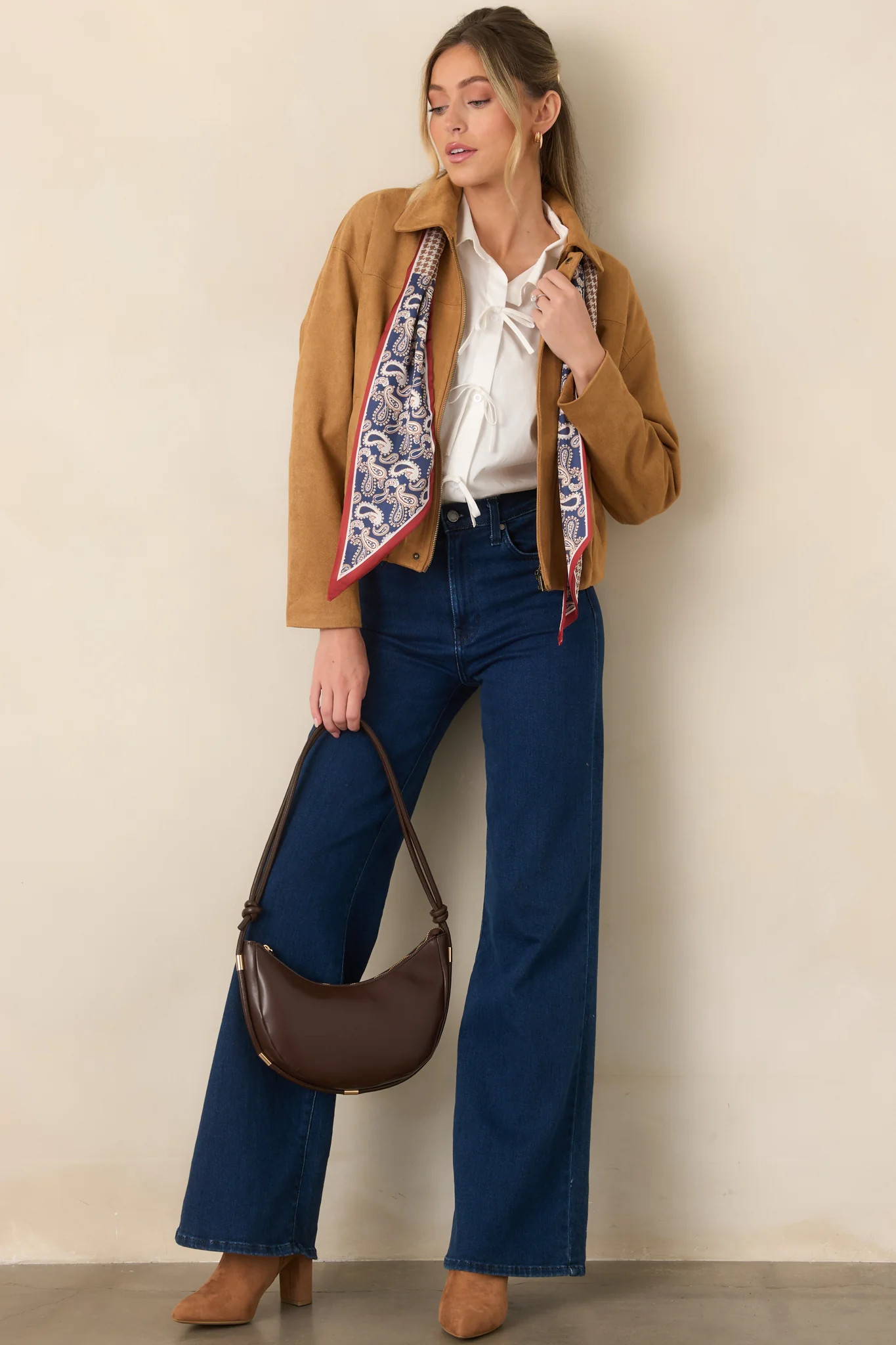 All Part of the Plan Camel Faux Suede Zip Front Jacket | Red Dress