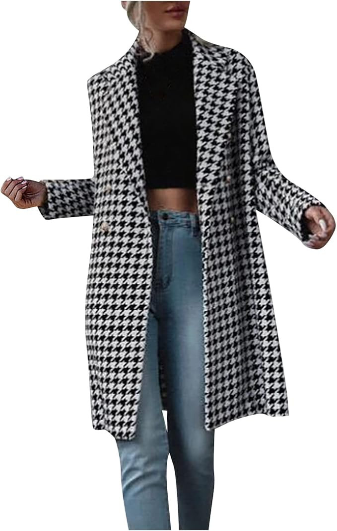 5665 Women's Long Houndstooth Trench Jacket Elegant Notched Lapel Woolen Cloth Coat Fashion Doubl... | Amazon (US)