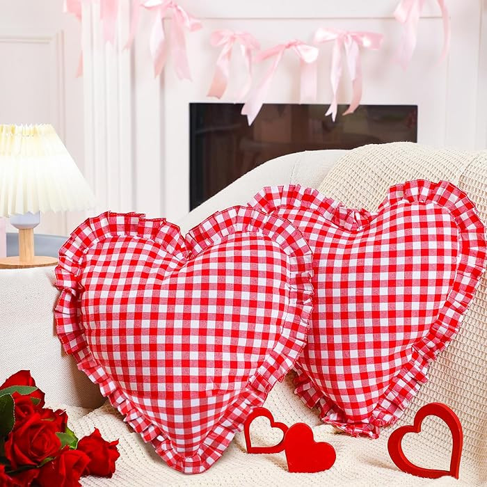 SmoothNovelty 2 Pcs Valentines Day Pillows 16 x 14.5 Inches Red Heart Pillow Red White Ruffle Cou... | Amazon (US)