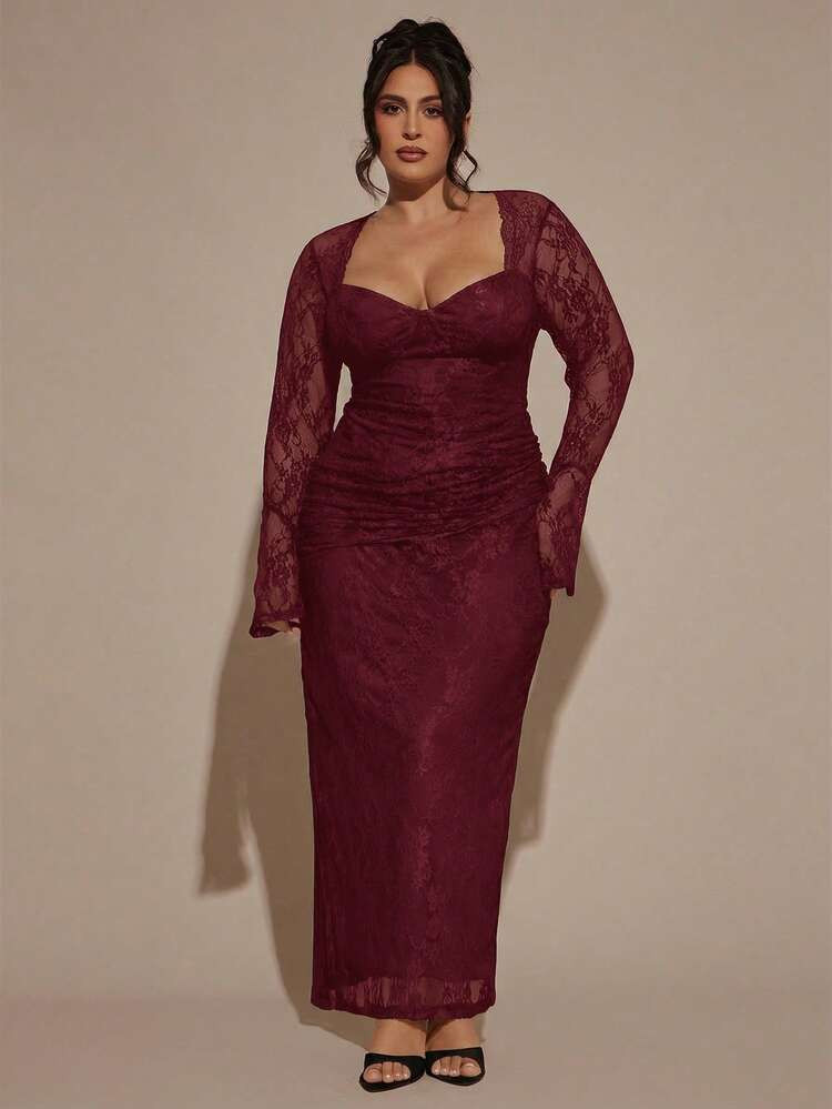 SHEIN BAE Plus Size Women Lace Long Sleeve Dress, Elegant Dress | SHEIN