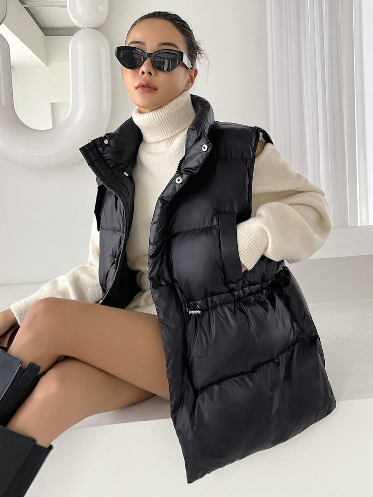 DAZY Drawstring Waist Slant Pockets Vest Puffer Coat | SHEIN
