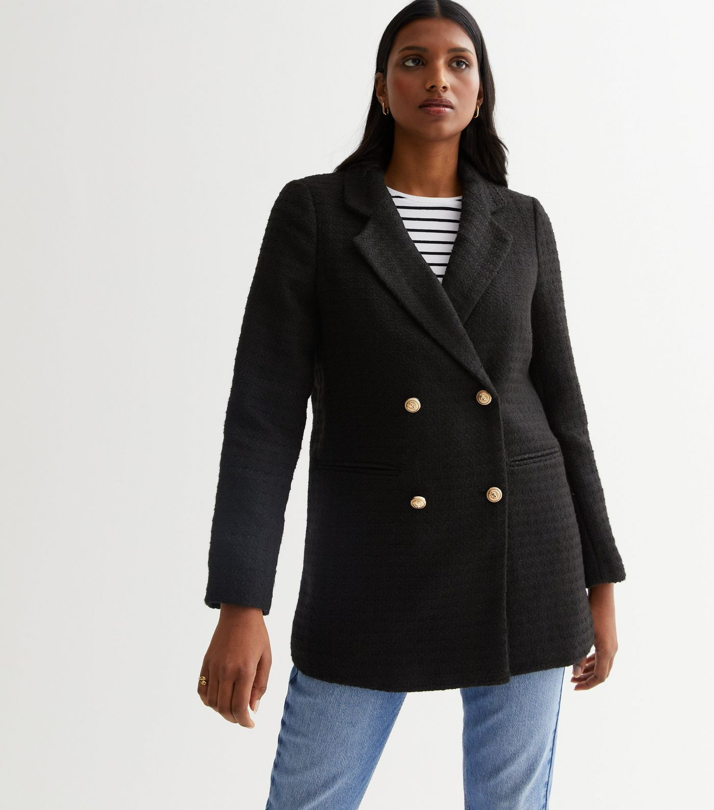 Black Boucle Revere Collar Long Sleeve Four Button Blazer | New Look | New Look (UK)