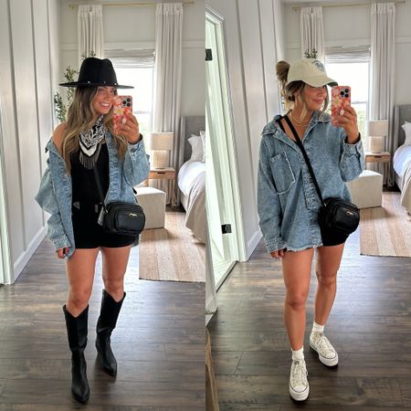 1 outfit, styled 2 different ways from @walmartfashion. I love the versatility of this denim shacket paired with these black denim shorts! You can go from a Country Concert to running everyday errands by just switching out the accessories! #WalmartPartner #WalmartFashion @walmart

Wearing size medium in the shacket & size 7 in the shorts. Size up in the shorts if between sizes 

Walmart, Walmart finds, country concert, music festival, black cowboy boots, crossbody bag, rhinestone bandana, casual outfit, baseball hat 
