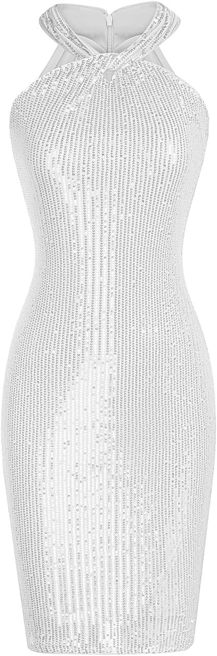 GRACE KARIN Sequin Dress for Women Sleeveless Sparkly Glitter Halter Dress Bodycon Mini Club Dres... | Amazon (US)