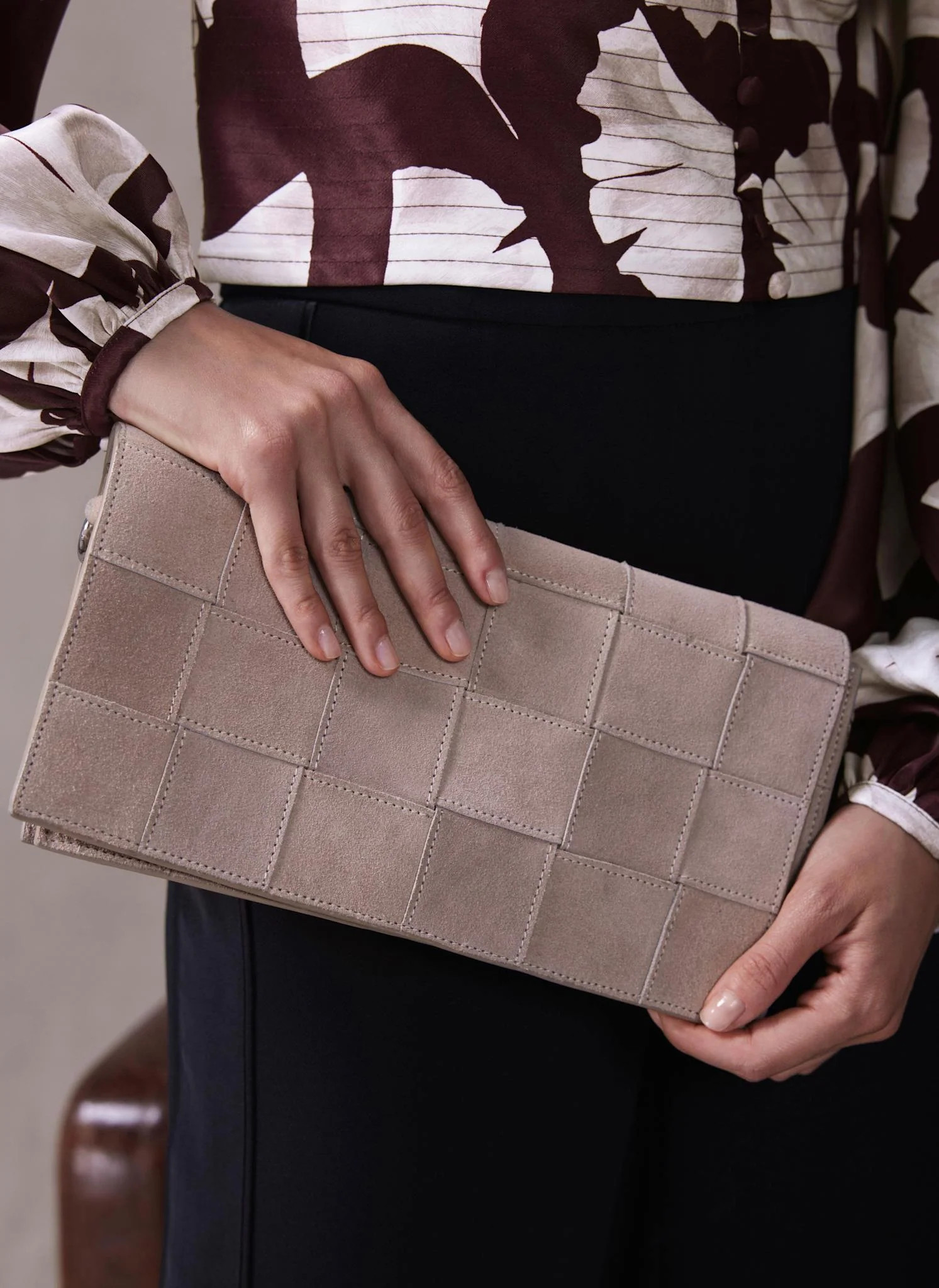 Avi Neutral Suede Woven Clutch | Mint Velvet