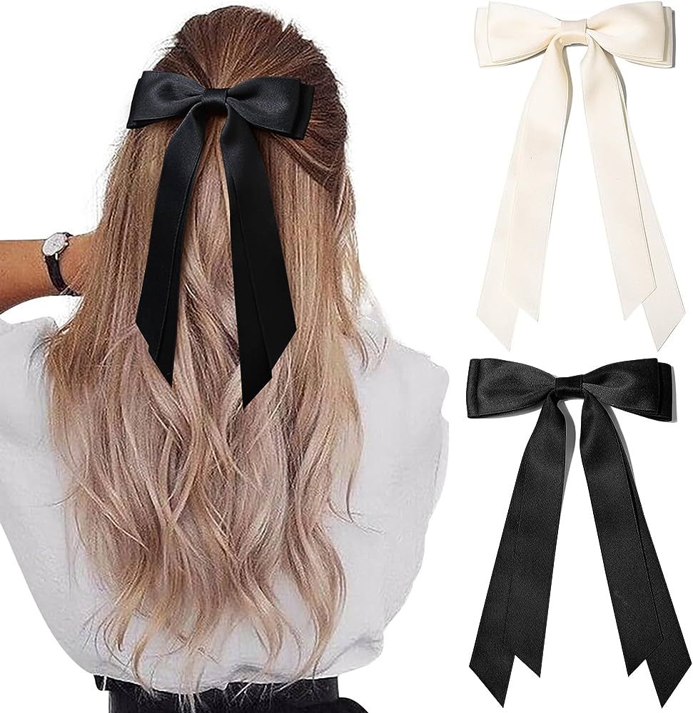 2PCS Silky Satin Hair Bows Hair Clip Beige Black Hair Ribbon Ponytail Holder Accessories Slides M... | Amazon (US)