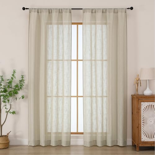Chyhomenyc Semi Sheer Curtains 84 Inches Long 2 Panels Set, Light Filtering Faux Linen Slub Textured Burlap Curtain for Bedroom, Elegant Rod Pocket Window Curtains Drapes, 42Wx84L, 2PCS, Linen Color | Amazon (US)