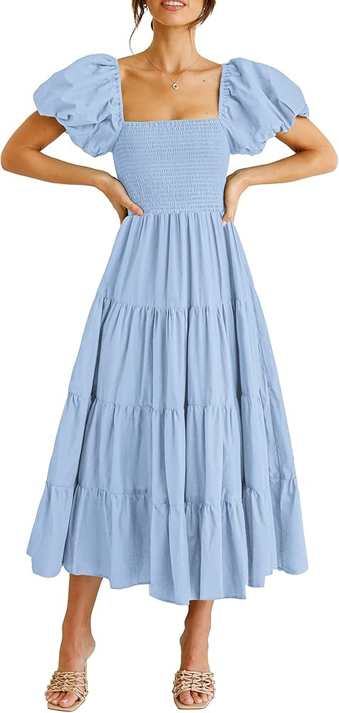 CFLONGE Women's Summer Causal Boho Dress Square Neck Puff Sleeve High Waist Ruffle Flowy A Line M... | Amazon (US)