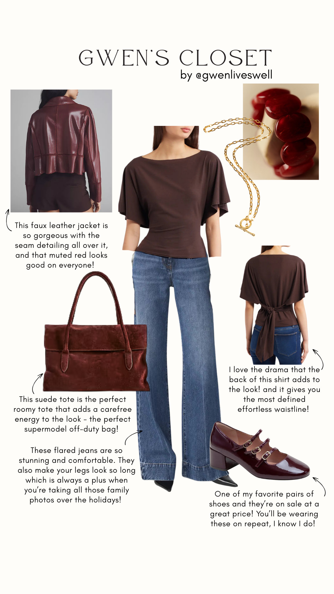 This is one of my favorite outfits for Hanukkah nights, Shabbat dinners, and holiday gatherings when you want to feel polished but still completely comfortable ✨🕯️

The rich brown top with the dramatic tie-back is so flattering (and easy), paired with classic flared jeans that make your legs look so long — perfect for all the family photos this season. I added a chic faux leather jacket in the prettiest muted red, a suede tote that fits everything, and my go-to Mary Jane heels that I wear on repeat (and they’re on sale!).

This look is effortless, elevated, and ideal for winter celebrations, casual holiday dinners, or festive get-togethers that don’t call for a dress. Tap to shop every piece on LTK and save this one for holiday outfit inspiration 🤎✨ 

 #HanukkahOutfit #ShabbatStyle #JewishHolidayStyle #HolidayOutfitInspo #WinterStyle #GwenLivesWell #LTKHoliday #LTKStyle #FlaredJeans #MaryJaneHeels #EverydayChic #EffortlessStyle #ShopLTK #LTKFinds #LTKHoliday #LTKootd #LTKOver40