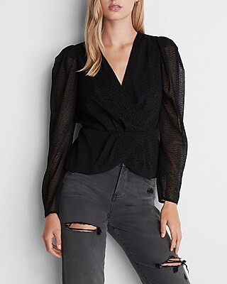 Jacquard Dot Faux Wrap Front Peplum Top | Express