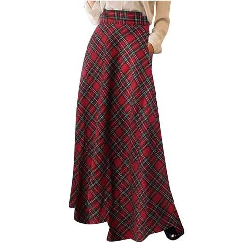 Womens Vintage Plaid Maxi Skirt High Waisted Trendy Fall Casual A-Line Pleated Tartan Full Length Long Skirts Ladies Red | Amazon (US)