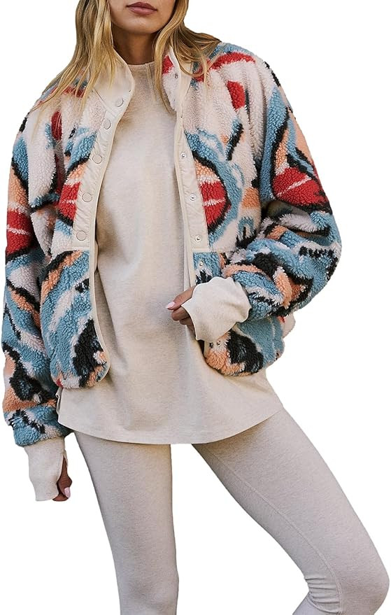 Printed Sherpa Jacket for Women Long Sleeve Button Down Fuzzy Fleece Coat Y2K Outerwear with Pock... | Amazon (US)