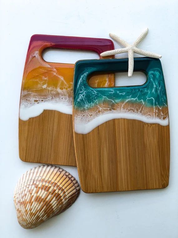 Tropical Ocean Charcuterie Board | Wave | Beach | Sunset | Resin | Wooden Serving Board with Hand... | Etsy (US)
