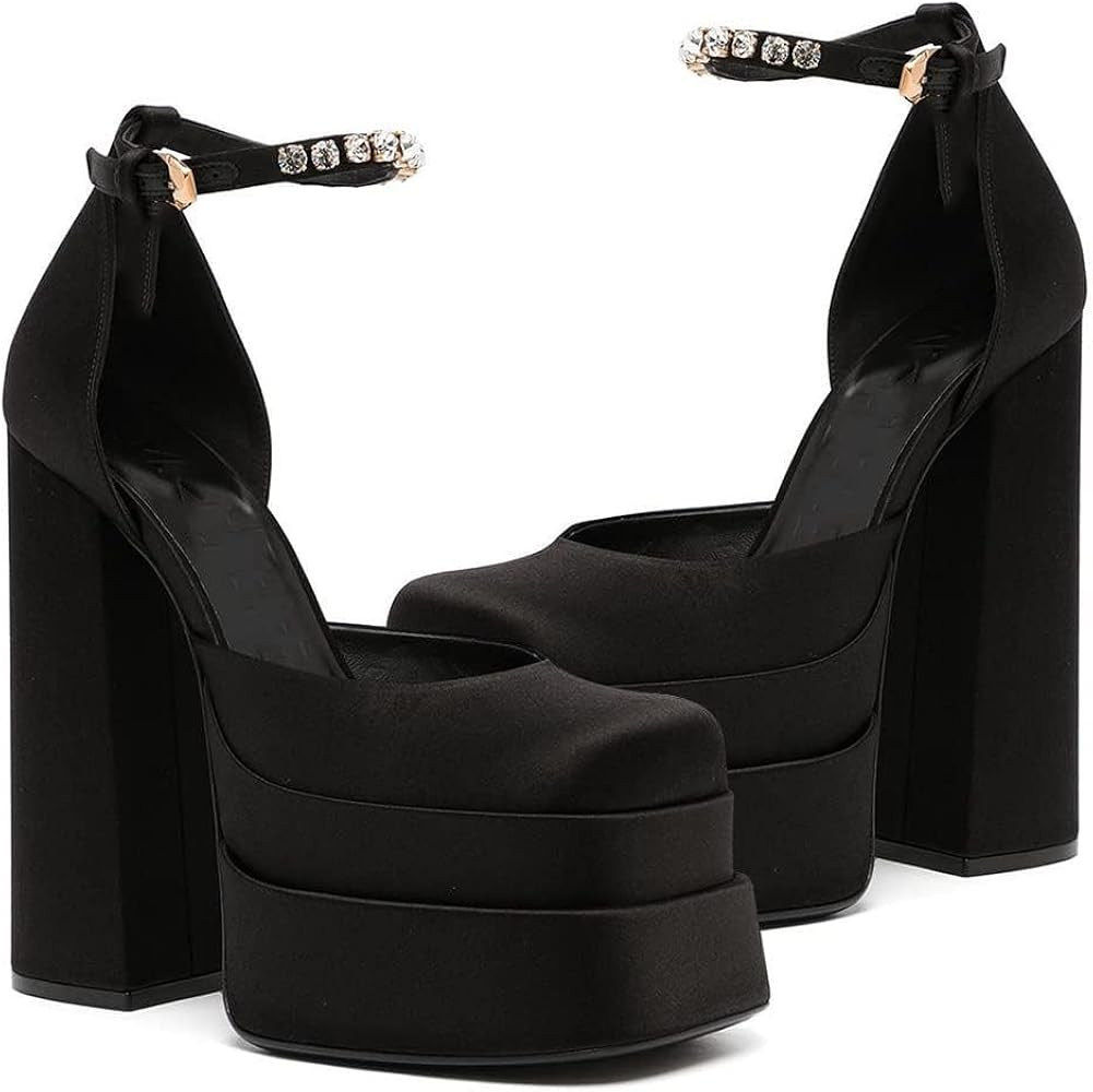 VIMISAOI Black Heels for Women Chunky Heels Square Toe Heels Ankle Strap Buckle Rhinestones Wedge... | Amazon (US)