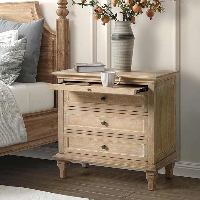 HULALA HOME Farmhouse 3 Drawer Nightstand with Tray, Drawer Organizer with Solid Wood Legs, Night... | Amazon (US)