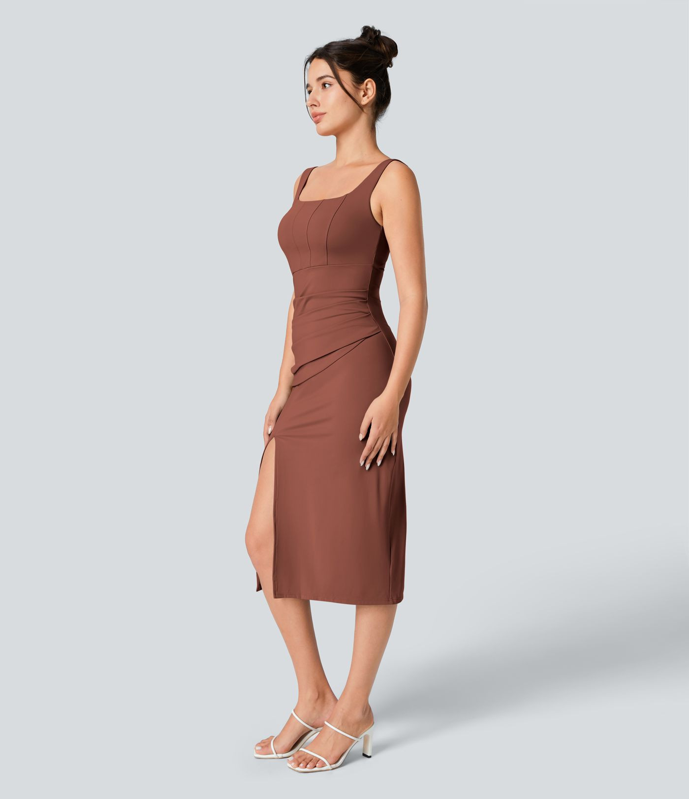 Women\u2019s SoftlyZero\u2122 Airy Square Neck Backless Corset Ruched Split Bodycon Midi Cool Tou... | HALARA