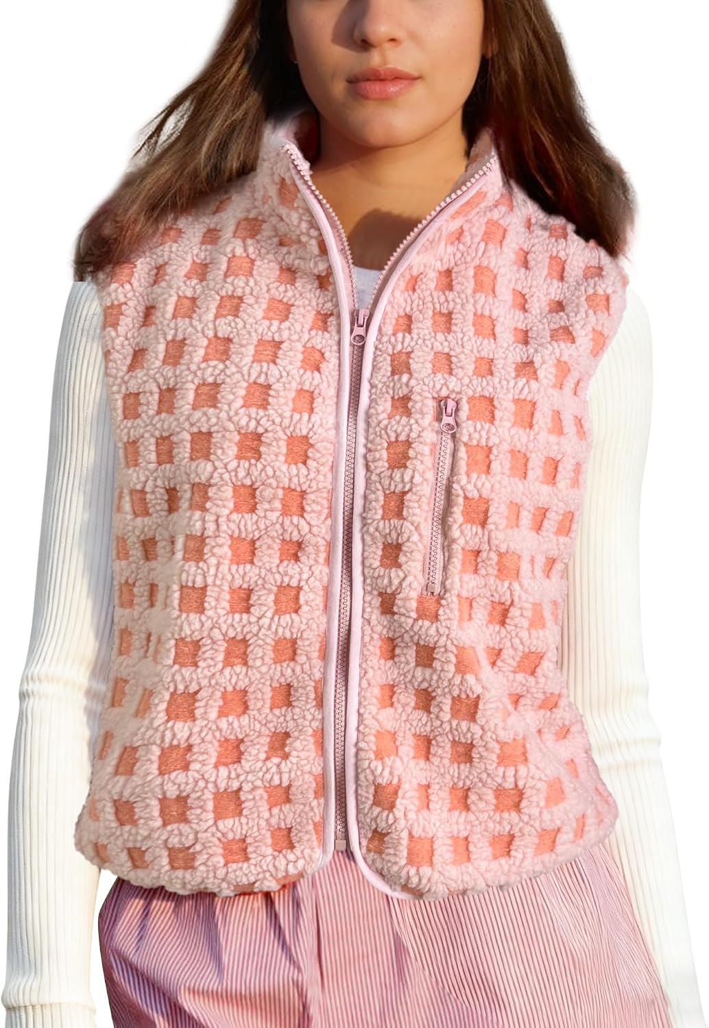 Plaid Fleece Vest Women Sleeveless Sherpa Vest Full Zip Jacket | Amazon (US)