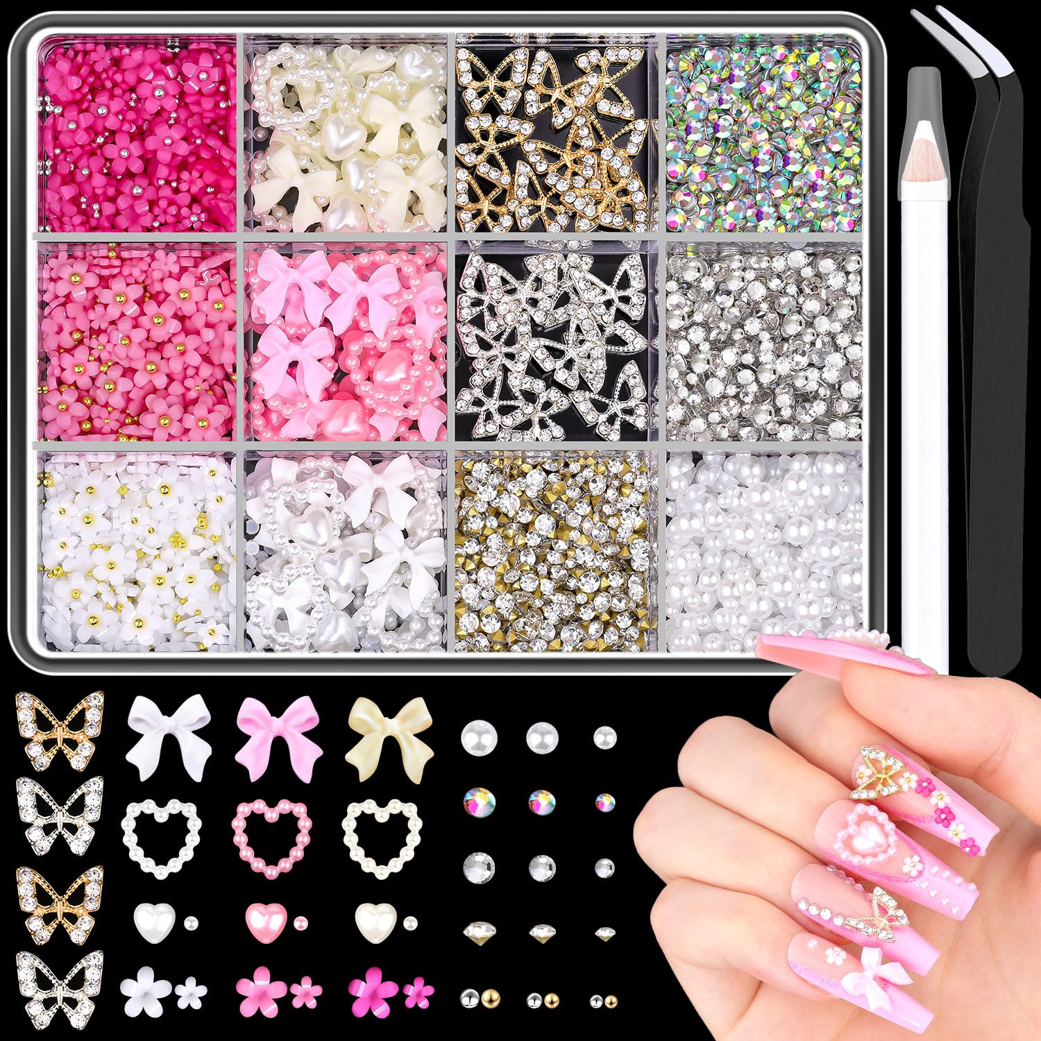 3D Nail Charms and Gems Set 7, 20PCS Chunky Butterfly Charms + 75PCS Coquette Nail Bows and Heart... | Amazon (US)