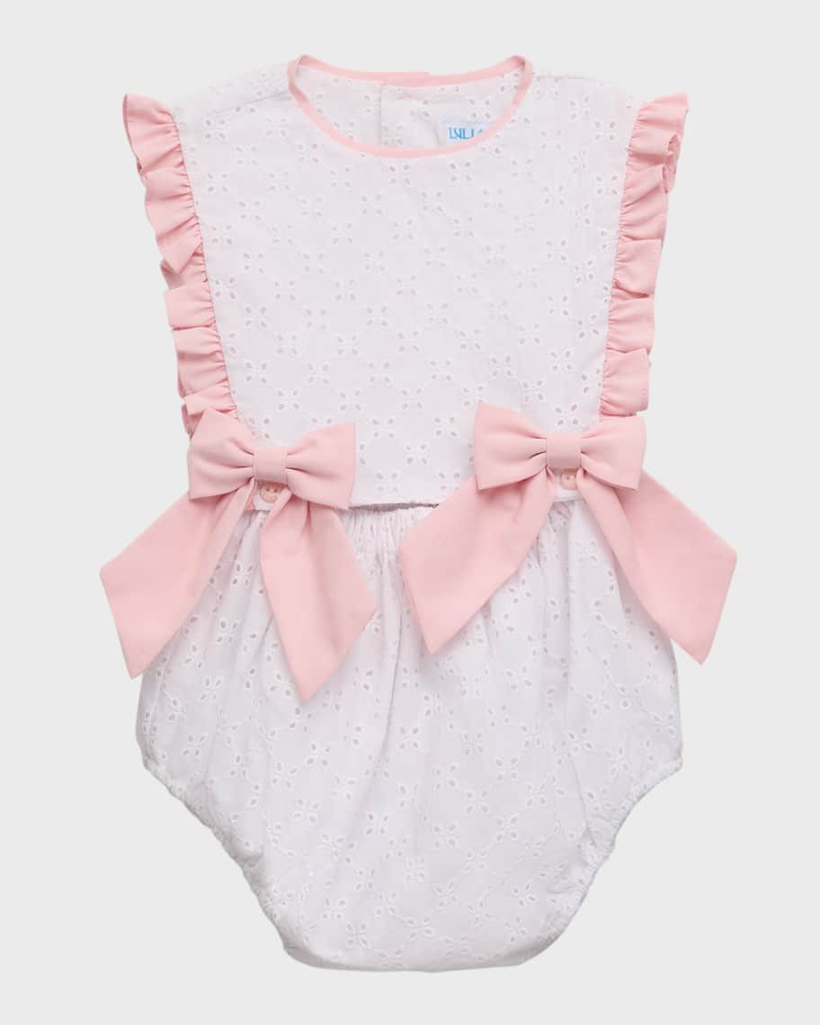 Luli & Me Girl's Eyelet Embroidered Bow Romper, Size 6M-24M | Neiman Marcus