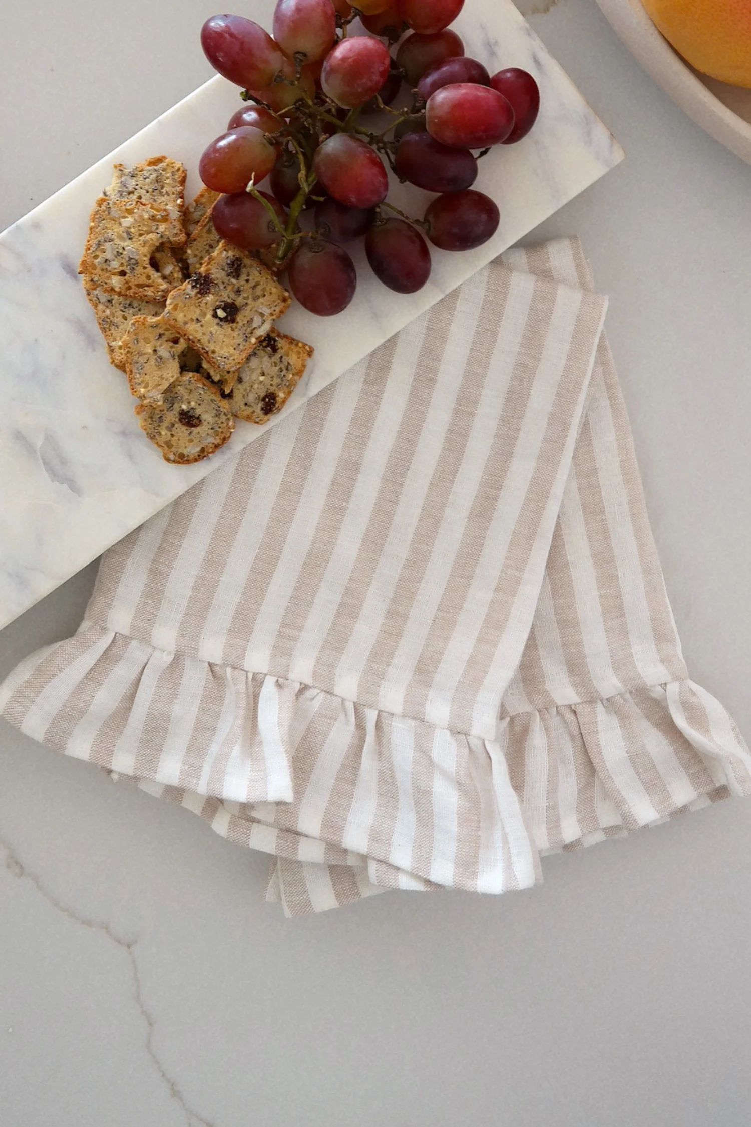 Germaine Striped Ruffle Tea Towel - Beige | THELIFESTYLEDCO