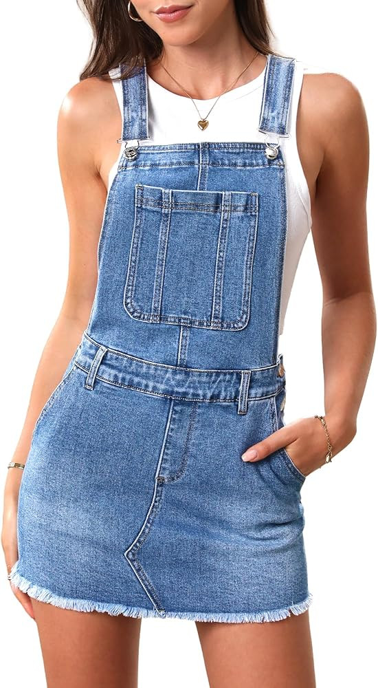 ELLEVEN Denim Overalls Mini Dress for Women, High Stretchy Adjustable Strap Jean Rompers with Poc... | Amazon (US)