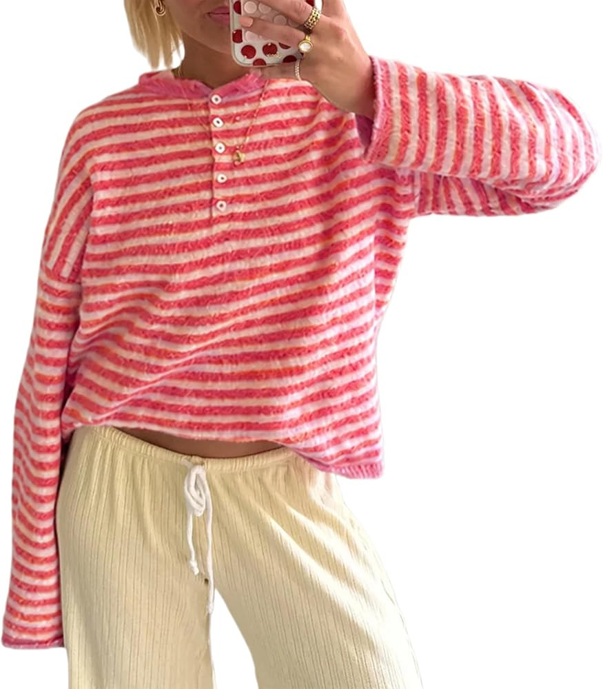 Watashi Women Striped Henley Knit Sweater Long Sleeve Button Pullover Top | Amazon (US)