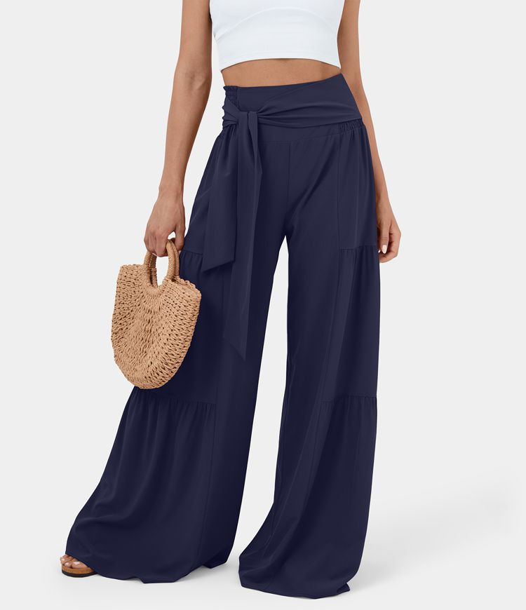 Breezeful™ High Waisted Shirred Tie Front & Back Plicated Wide Leg Flowy Quick Dry Casual Pants | HALARA
