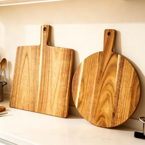 2 Pack Large Acacia Wood Cutting Board with Handle 17''X13'', Charcuterie Board, Serving Board, Chopping Board for Meat, Cheese, Bread, Vegetables & Fruits (Round & Square) | Amazon (US)