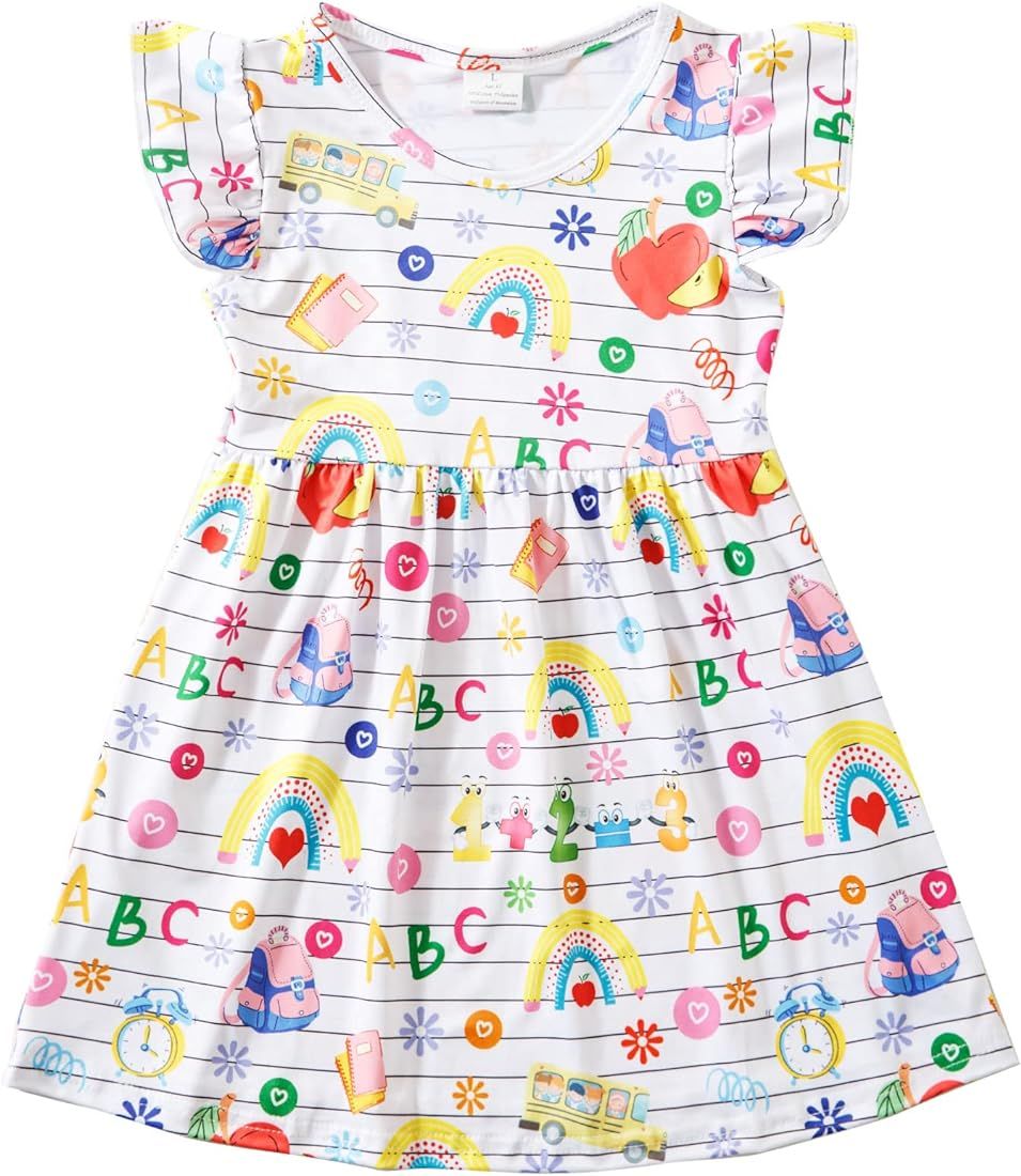 Toddler Girls Back to School Apple Pencil Dress Causal Flutter Sleeve Ruffle Bottom Dress Summer ... | Amazon (US)