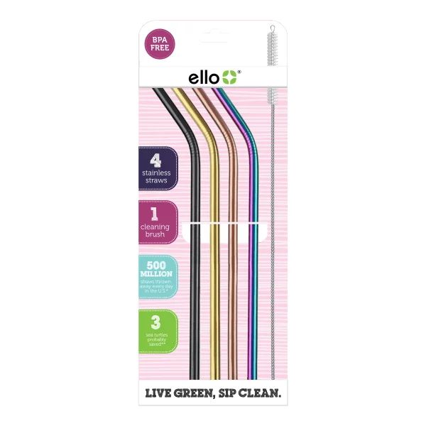 Ello Stainless-Steel Straws With Wire Brush, Metallics, Pack Of 4 Straws | Walmart (US)