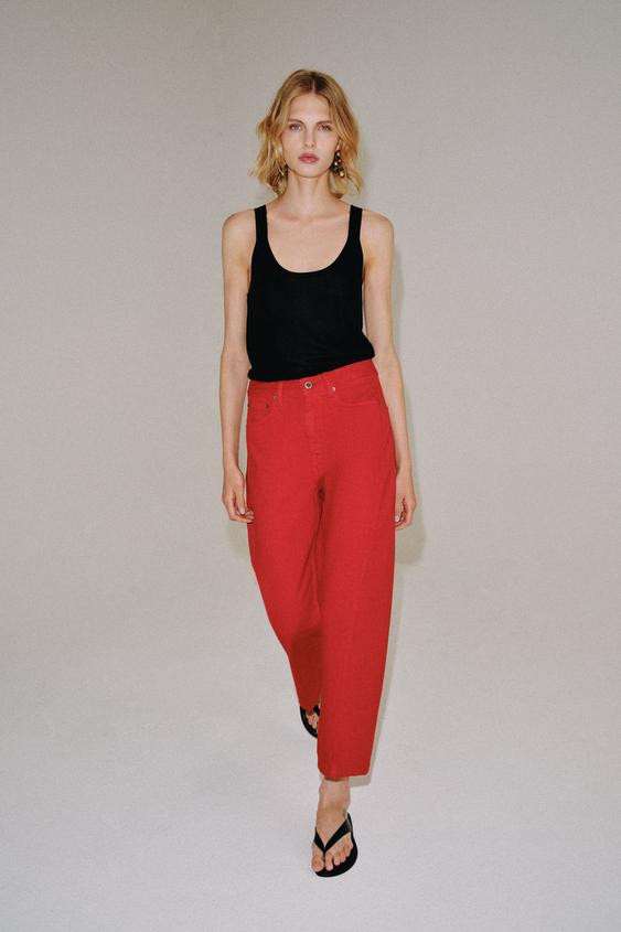 Zara - Zw Collection Relaxed Mid-Waist Jeans - Red - Eu 44 (Au 16) - Woman | Zara AU