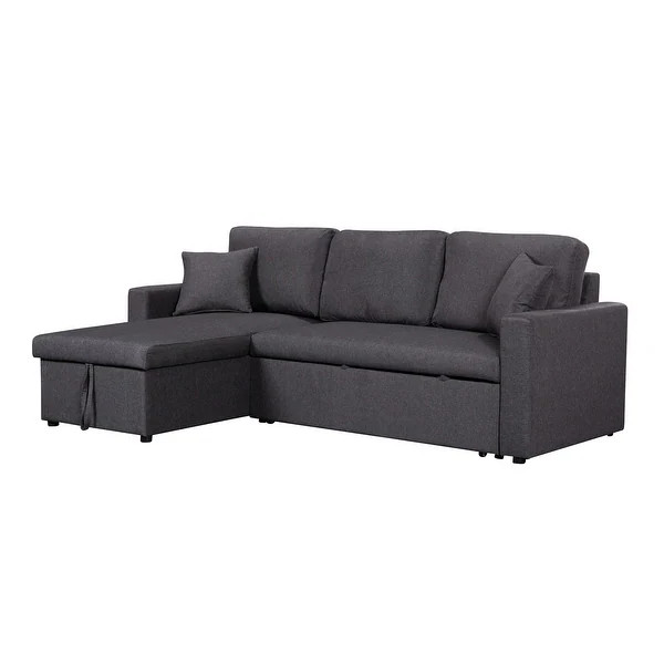 Paisley Linen Fabric Reversible Sleeper Sectional Sofa with Storage Chaise - Black | Bed Bath & Beyond