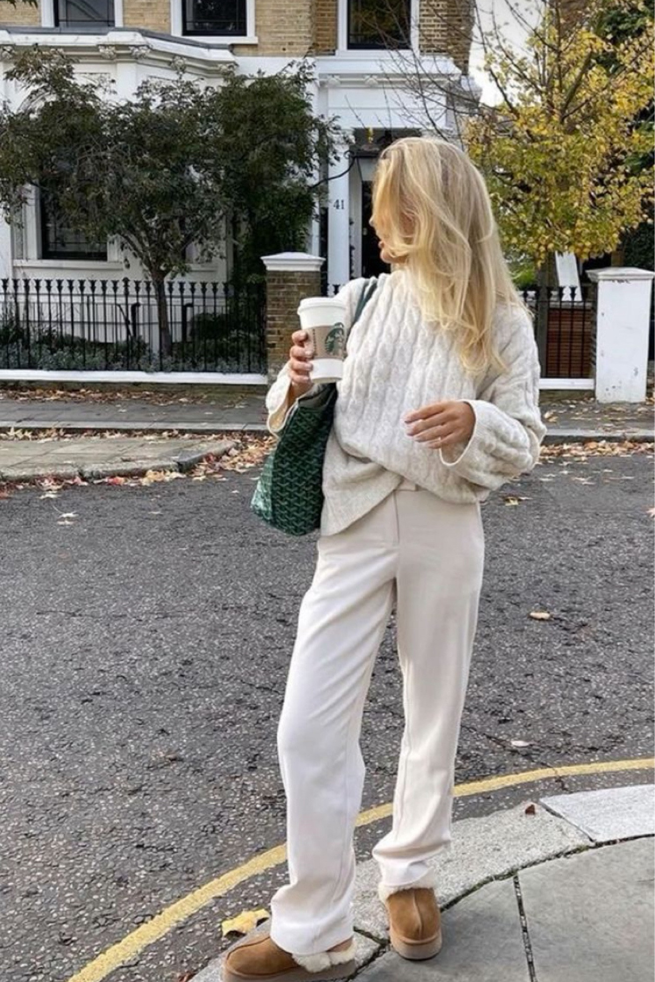 Green goyard, cream/ivory/offwhite sweater, cream/ivory/offwhite  wide leg pants , ugg slippers 


#LTKFallSale #LTKStyleTip #LTKNYFW