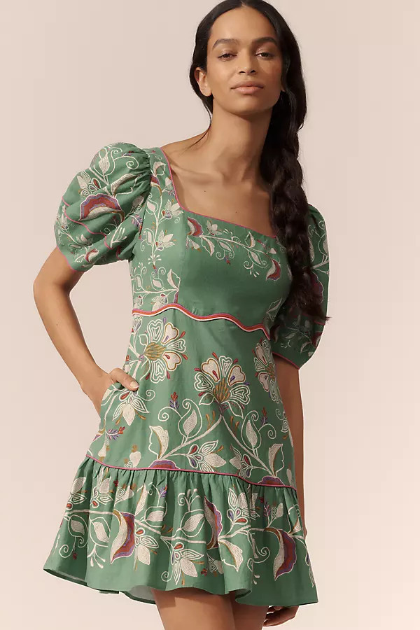Farm Rio x Anthropologie Puff-Sleeve Linen Blend Mini Dress | Anthropologie (US)