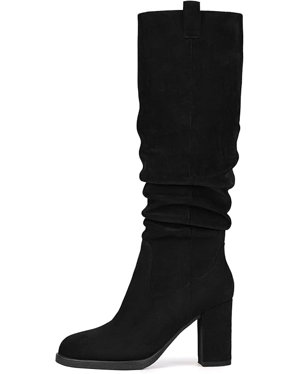 Suede Knee High Boots for Women - Tall Chunky High Heel Dress Boot with Side Zipper, Round Toe Ru... | Amazon (US)
