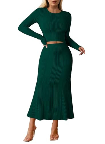 Pink Queen Women's 2 Piece Fall Outfits Casual Brunch Skirt Sets Long Sleeve Christmas Party Maxi Dress Crewneck Going Out Slim Bodycon Loungewear Dark Green L | Amazon (US)