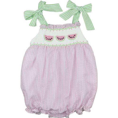 Pink And Green Seersucker Smocked Watermelon Bubble | Cecil and Lou